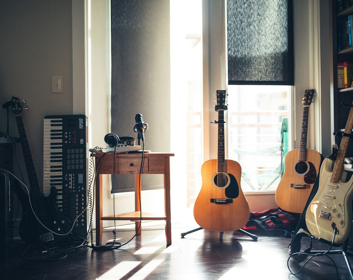 Recording studio setup with musical equipment